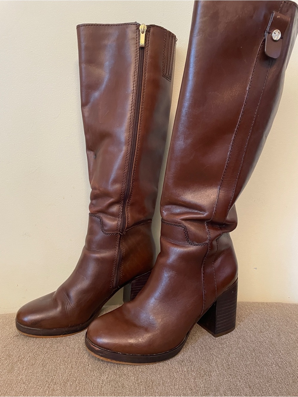 Franco Sarto Tall Brown Leather Block Heel Riding Boots